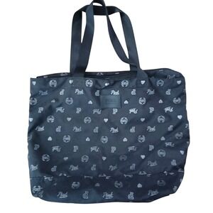 Victoria Secret PINK Tote Bag Large Black With Silver Logo Zipper Lightweight